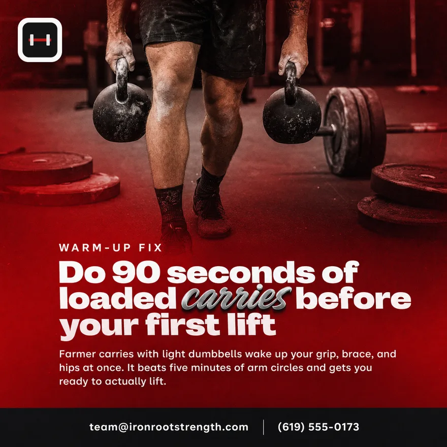 Ironroot Strength, Do 90 seconds of loaded carries before your first lift
